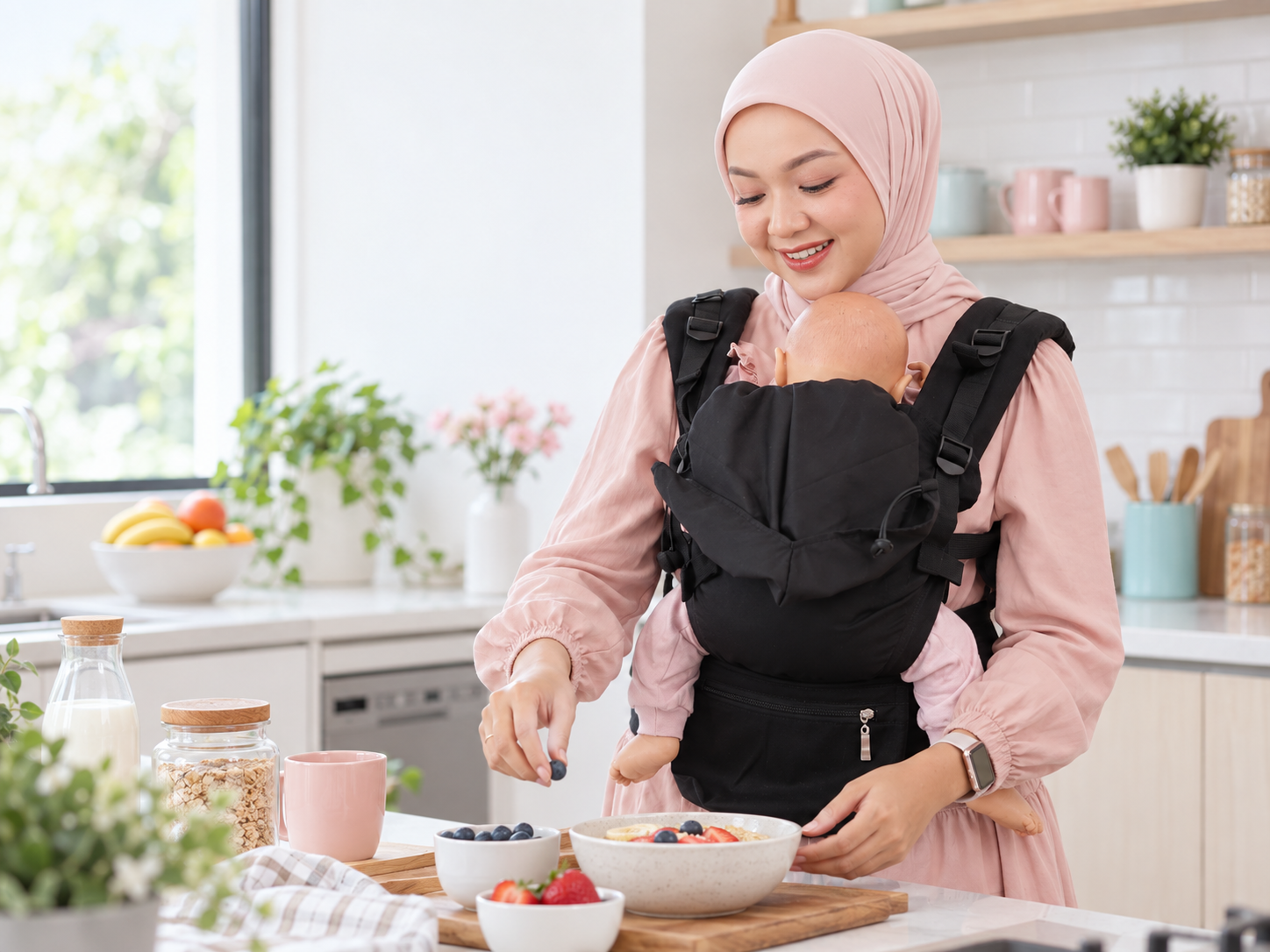 Ibu memakai NANA Baby Carrier Maxima sambil menyediakan sarapan dengan tangan lebih bebas