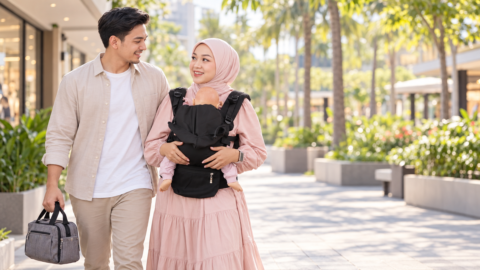 Ibu dan ayah keluar bersama bayi menggunakan NANA Baby Carrier Maxima