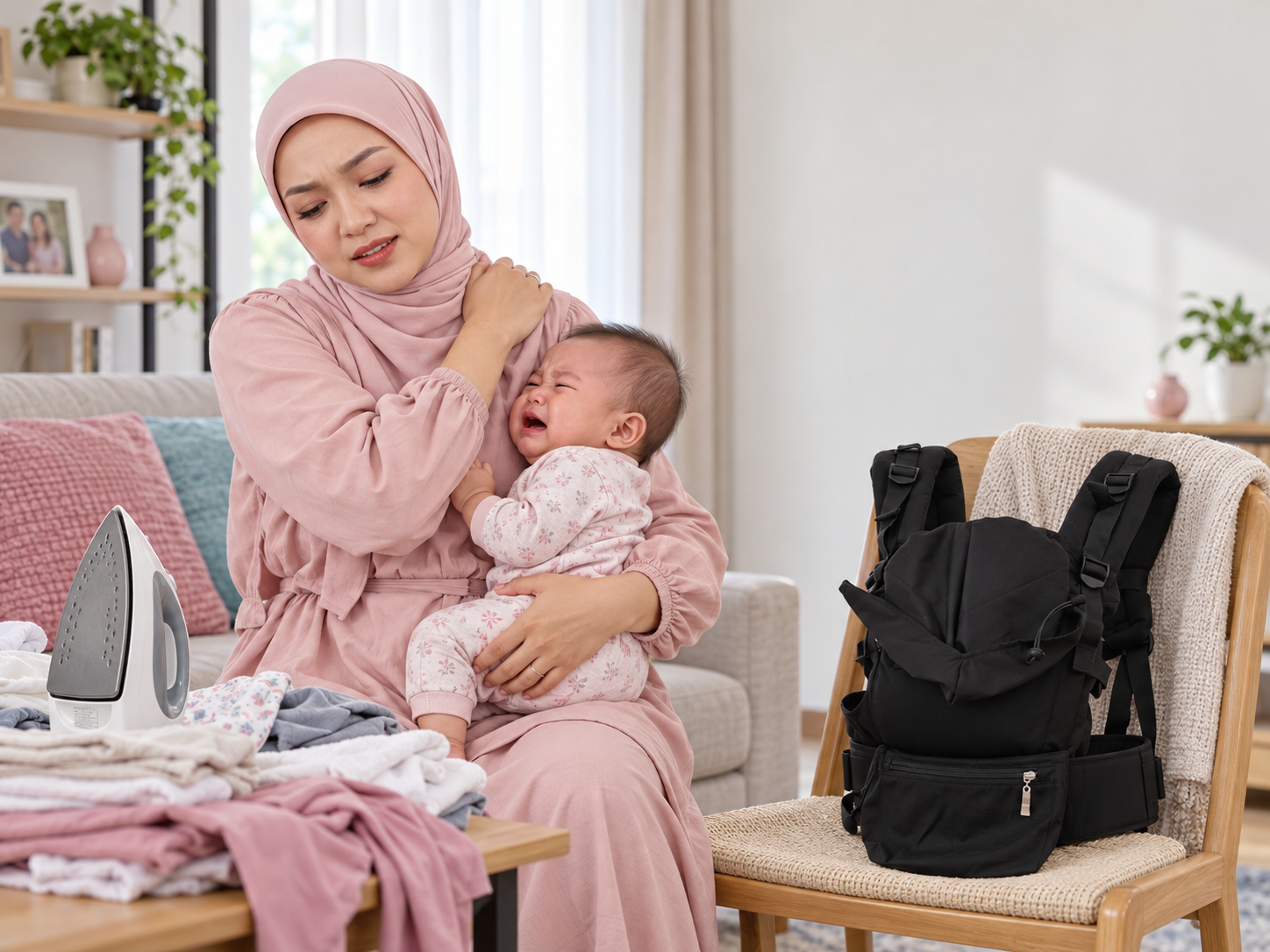 Ibu yang kepenatan mendukung bayinya sambil mengurus kerja rumah
