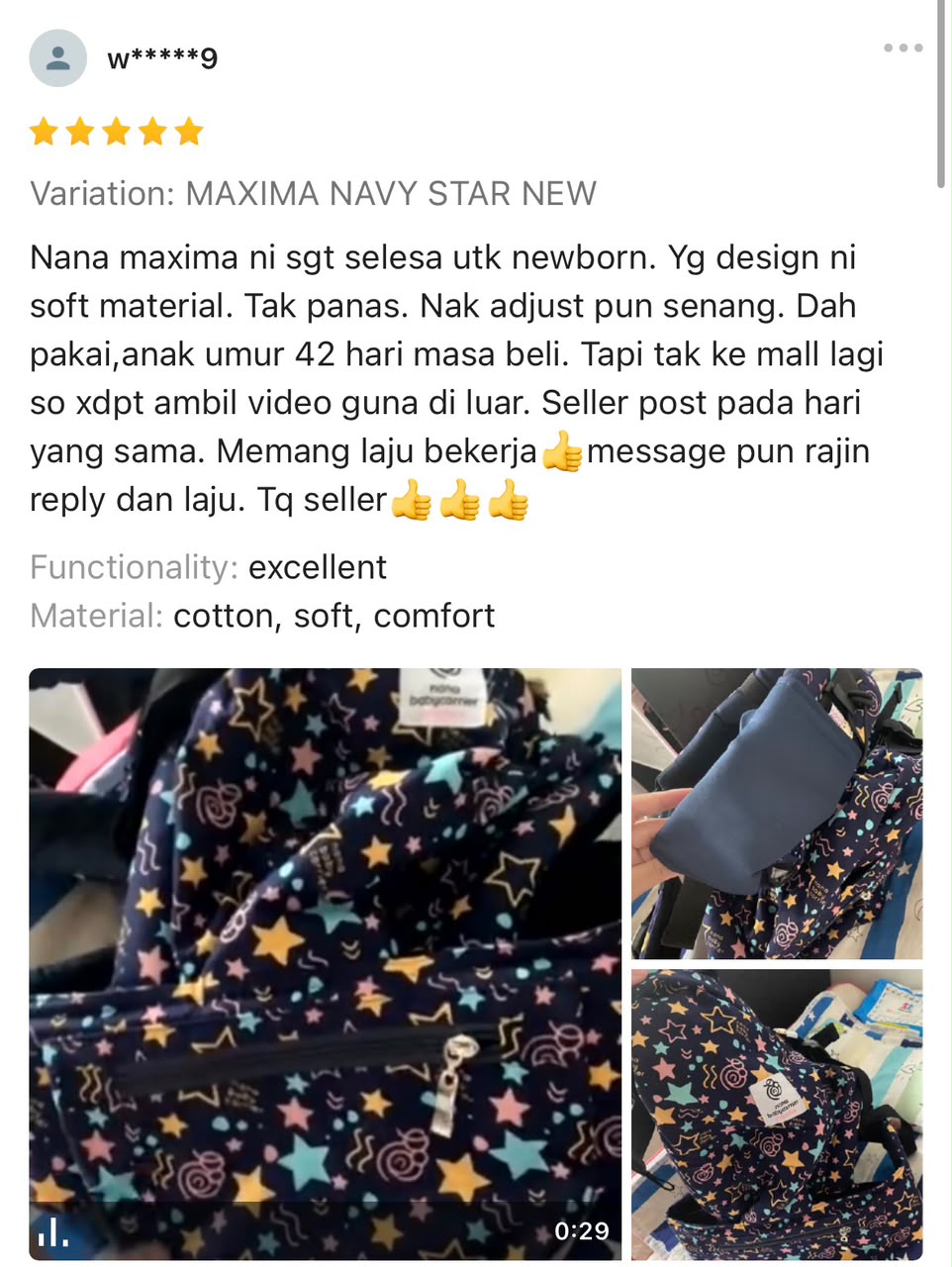 Ulasan lima bintang pelanggan NANA Maxima untuk newborn